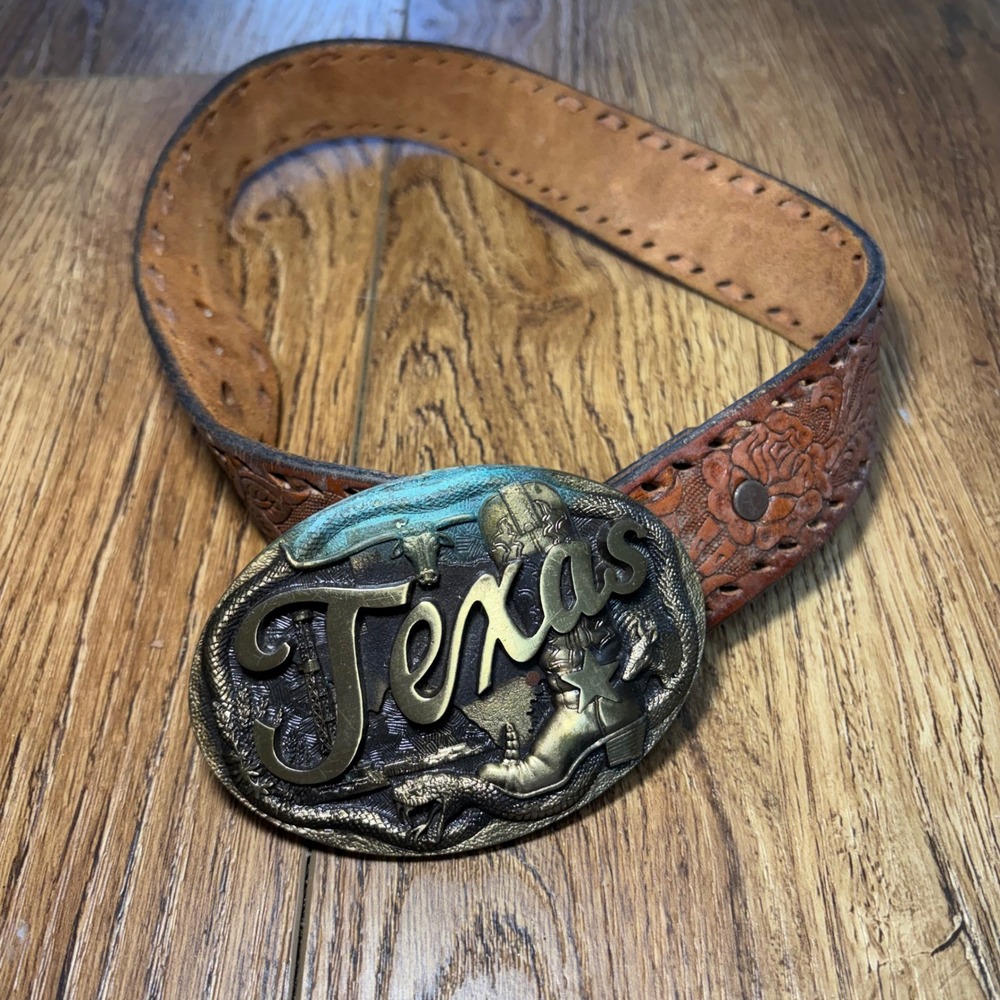 VTG 1985 High Mesa Texas Bronze Buckle Tooled Engraved Leather Kids Belt Floral